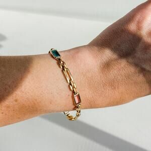 Vintage Gold Tone Link Bracelet Multicolor Glass Stone Rectangular Art Deco 7.5"